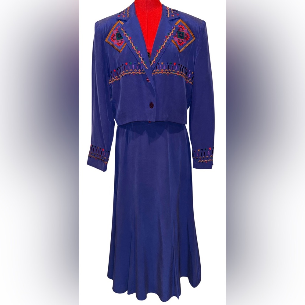 Adam Douglass Adrianna Papell VTG 100% Silk Skirt Blazer Set Size M Western 80s